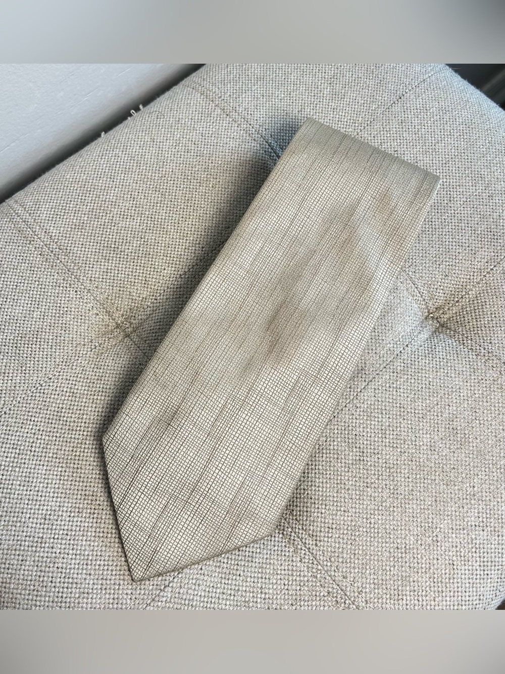 Jean Mercier 100% Silk Necktie Champagne-Colored Textured Grid Handmade Italy